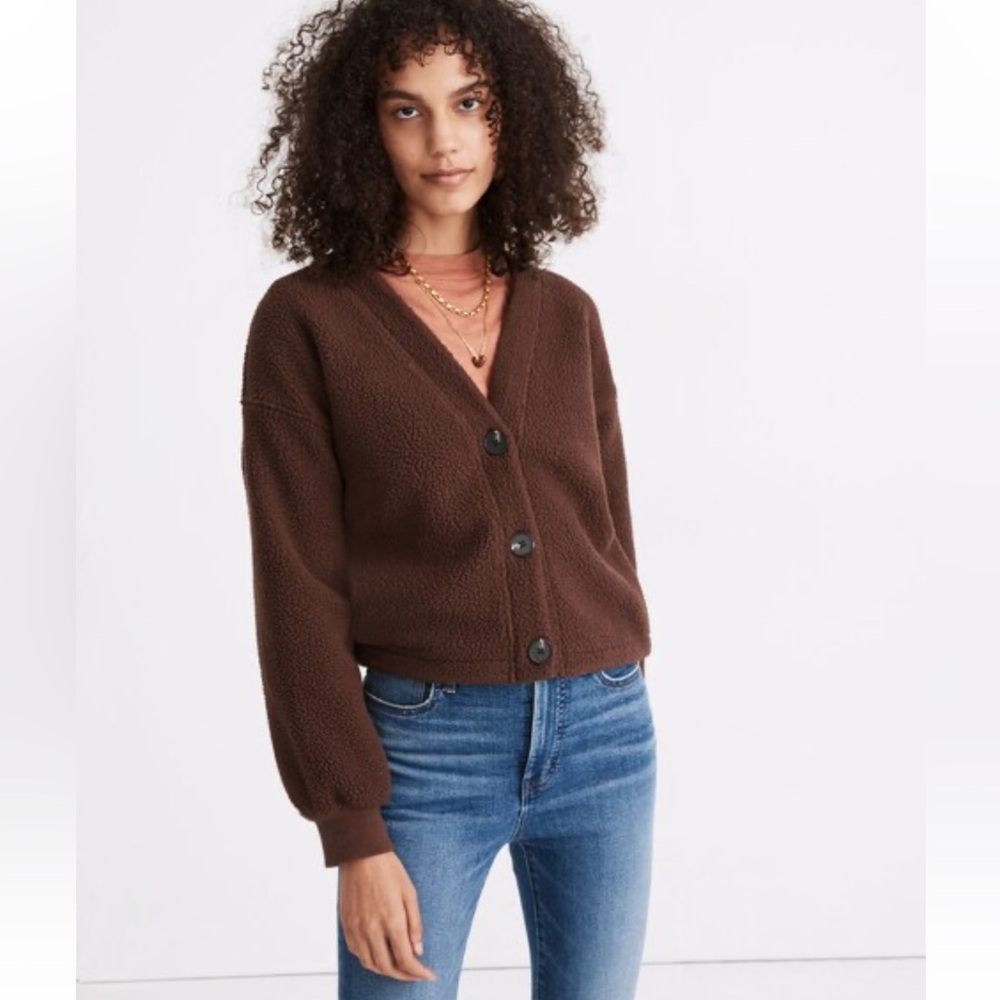 Madewell Chocolate Dark Brown Fleece Teddy Crop Cardigan Sweater, Medium
